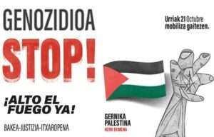 Gernika-Palestina llama a la movilización el 21 de octubre para frenar el «genocidio» en Palestina